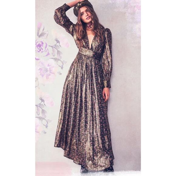 LoveShackFancy Cyrena Metallic Silk-Blend Maxi Dress XS Floral Pliss Gown